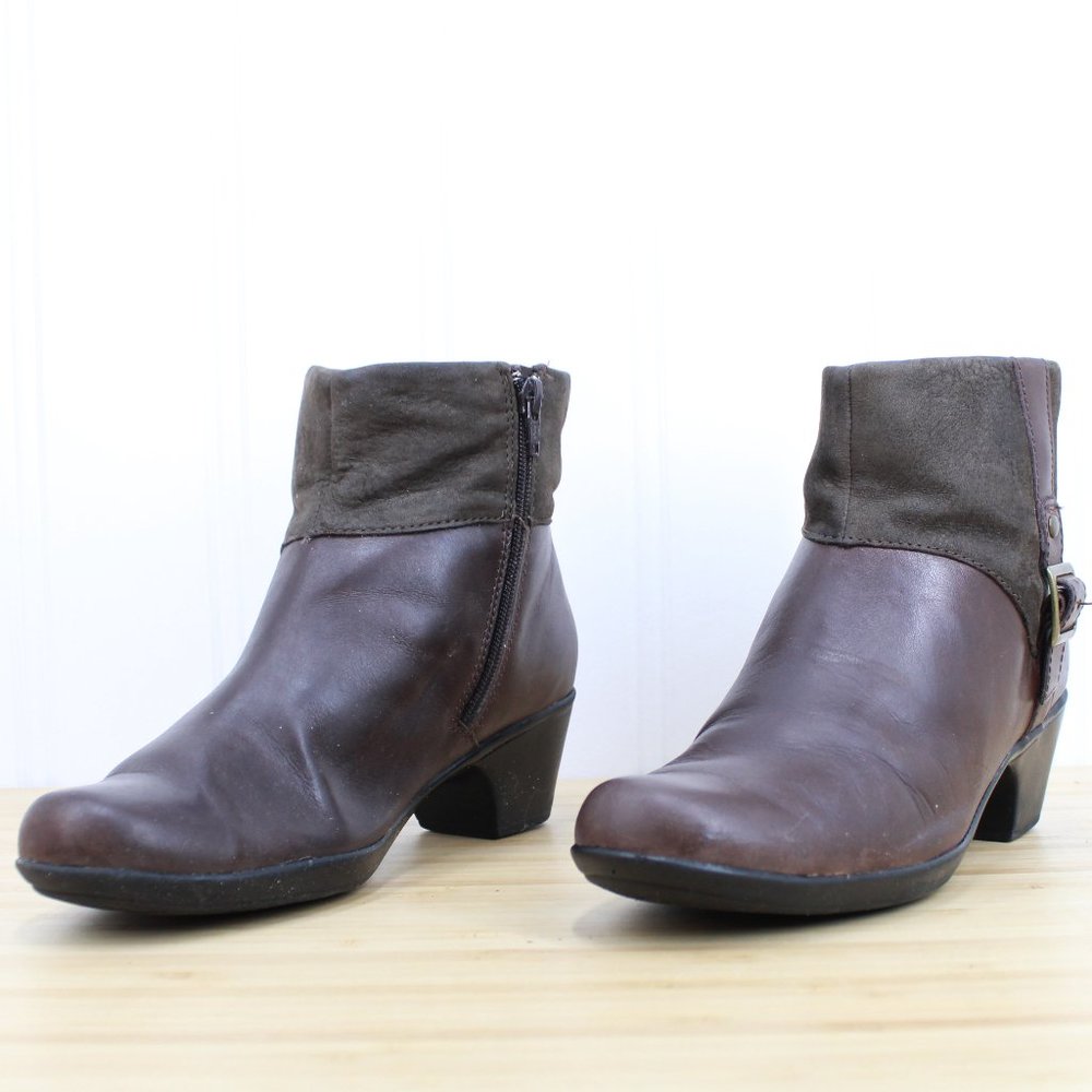Clarks Brown Side Zip Buckle Bendables Leather Boots Size 9 M - Picture 2 of 9